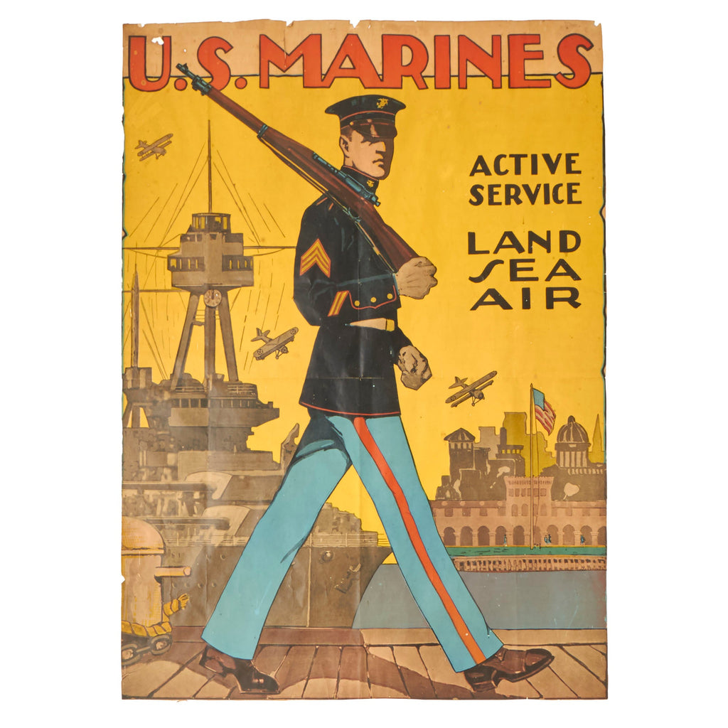 Original U.S. Pre-WWII Marine Enlistment Poster - Active Service - Land Sea Air - 23 ¾" × 31 ½" Original Items