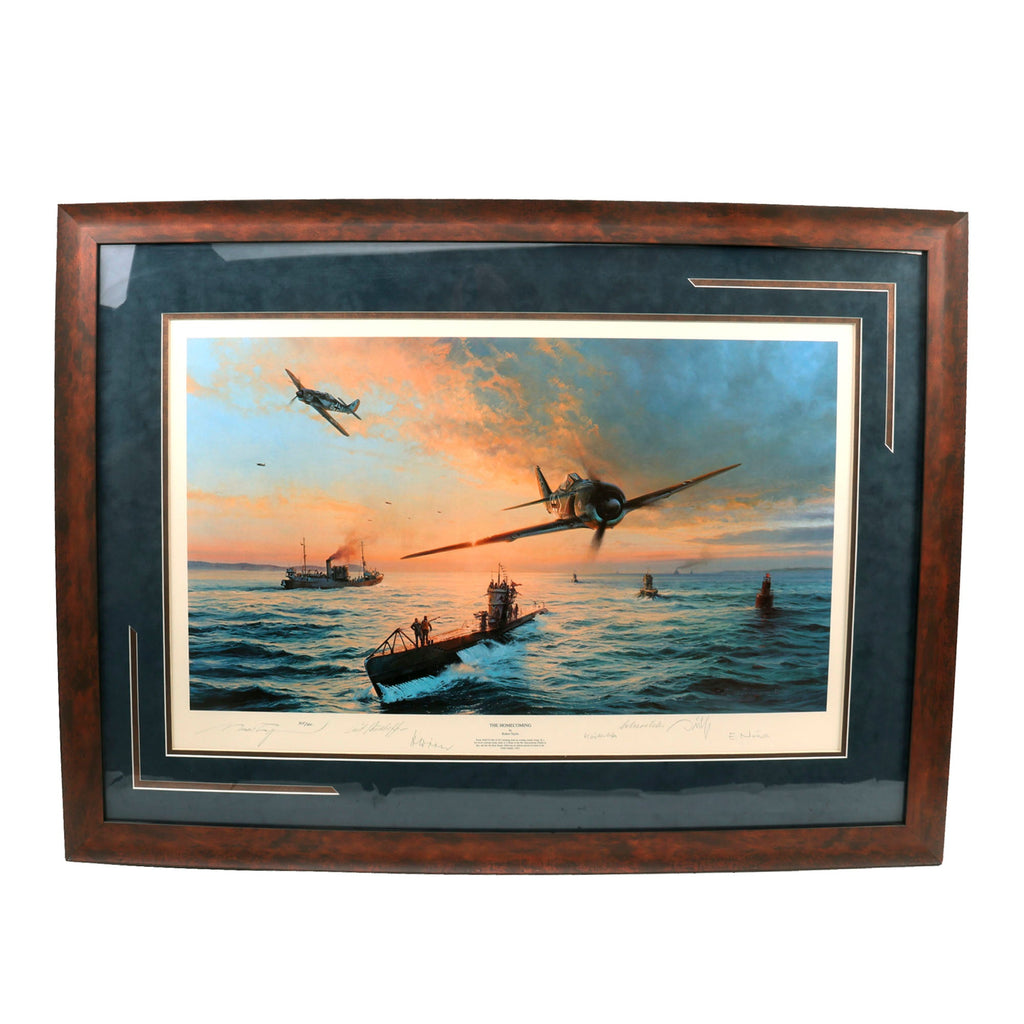Original Artwork Print: “The Homecoming” Painting of German Luftwaffe Fw190s of JG2 Flying By U-boats; Signed by Artist, 3 German Submariners & 3 German Pilots - 39" x 28", in Museum Grade Frame Original Items