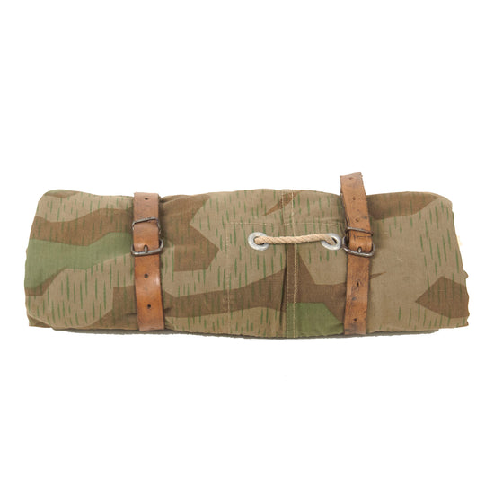 Original German WWII Zeltbahn Tent Quarter & Poncho in Splinter Pattern Reversible Camouflage by Maker dnq with (2) Carry Straps - Dated 1941 Original Items