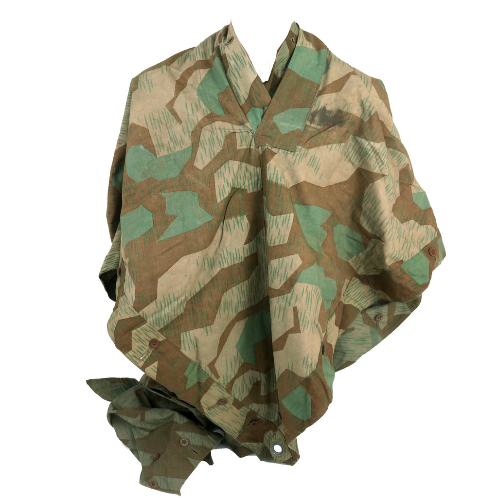 Original German WWII Zeltbahn Tent Quarter & Poncho in Splinter Camouflage with RBNr. Markings & (2) Carry Straps Original Items