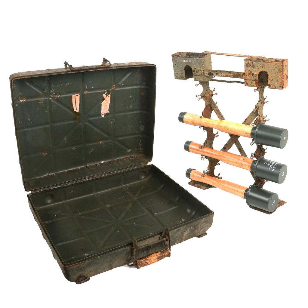 Original German WWII M24 Stick Grenade Case with Original Internal Rack and Three Replica Grenades Original Items
