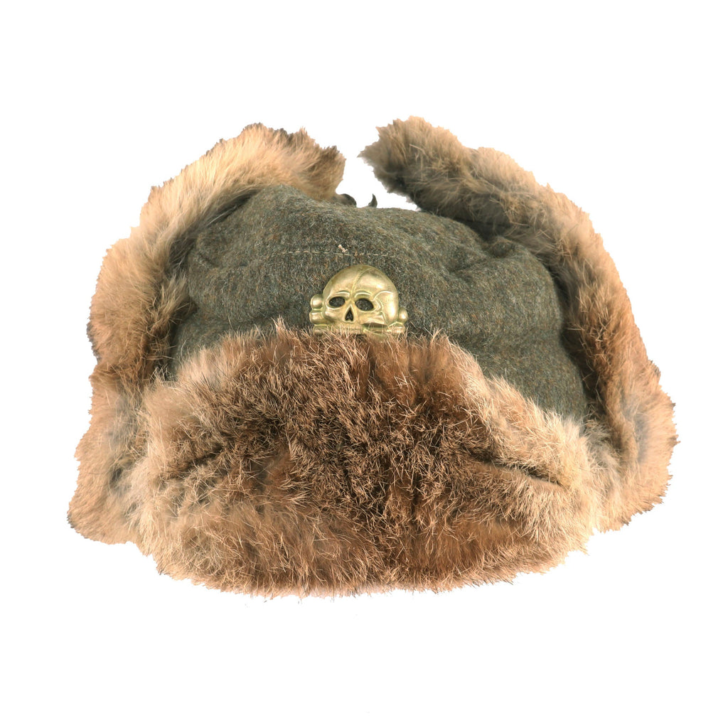 Original German WWII Eastern Front Rabbit Fur Pelzmütze Winter Hat with Panzer Skull Badge & Faded RBNr. Markings Original Items
