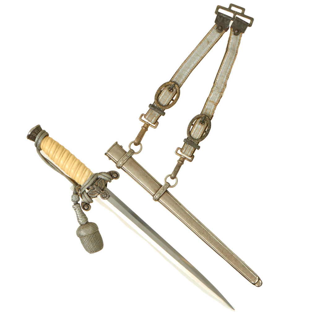 Original German WWII Early Army Heer Officer Dagger by F. W. Höller of Solingen with Excellent Blade, Scabbard, Hanger, and Portepee Original Items