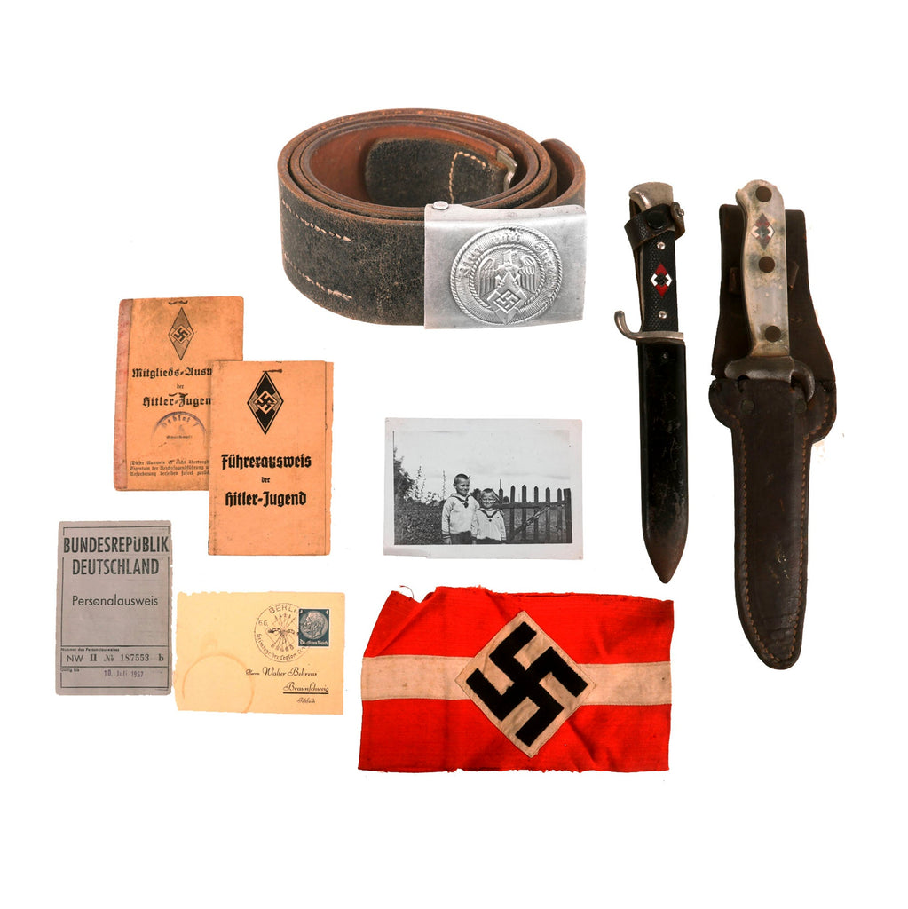 Original German WWII HJ & Handmade Knife Identified Grouping with Photos - Armband & Belt with Buckle Original Items