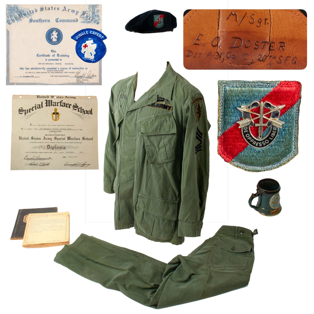 Original U.S. Vietnam War Era 20th Special Forces Group Uniform & Airborne Green Beret Group with Certificates and Ephemera - Master Sergeant Edward Otto Doster Original Items