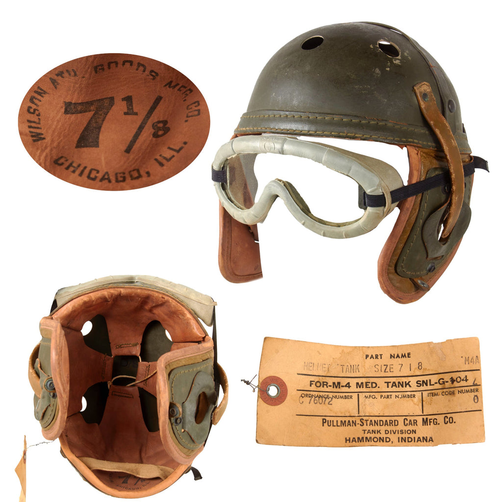 Original U.S. WWII M38 Tanker Helmet by Wilson Athletic Goods with Polaroid Goggles & Period Part Name Tag Original Items