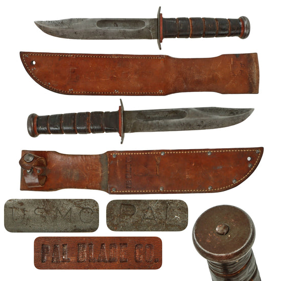 Original U.S. WWII USMC Rare “Red Spacer” Mark 2 KA-BAR Fighting Knife by PAL with Matching PAL Leather Scabbard - Loose Original Items