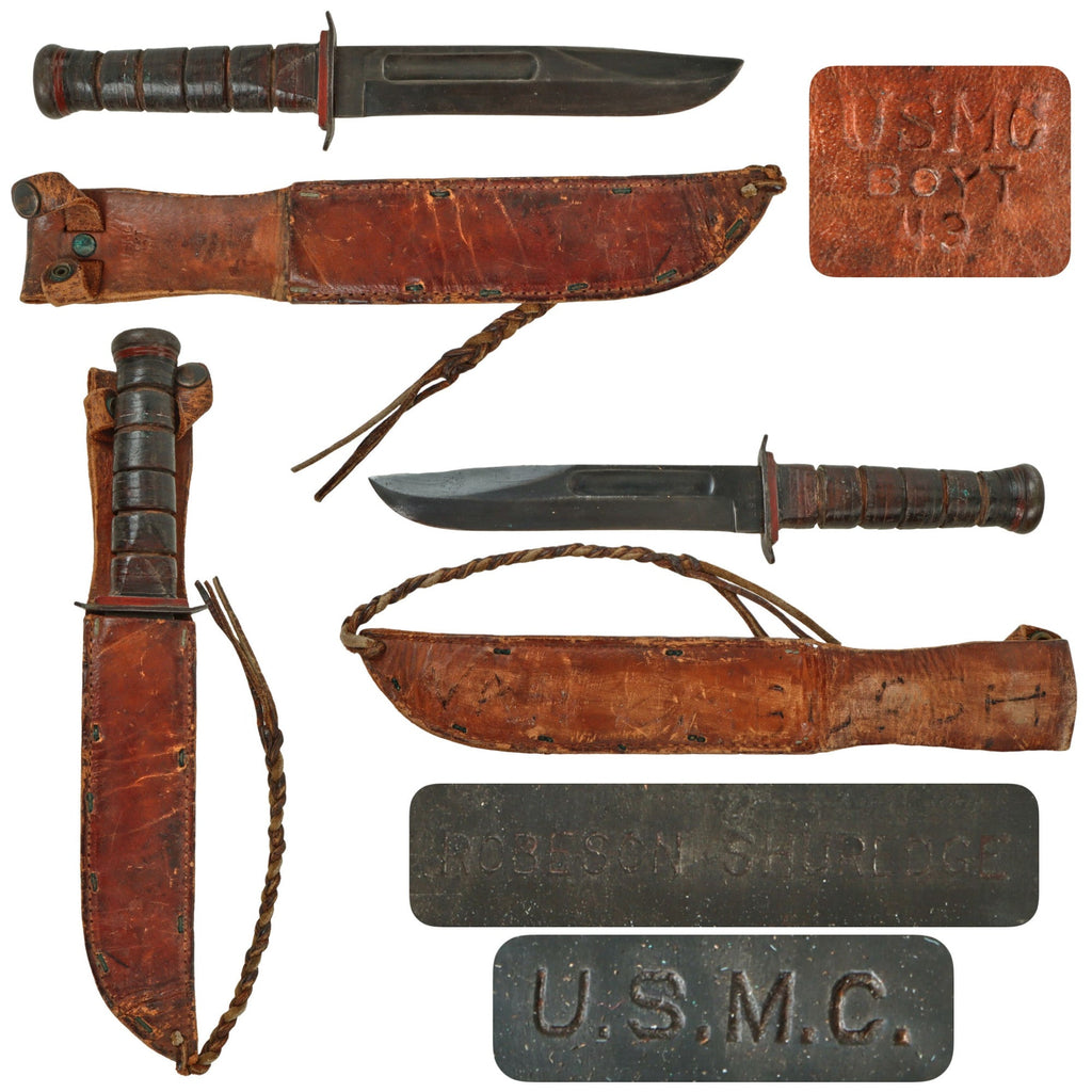 Original U.S. WWII USMC Rare “Red Spacer” Mark 2 KA-BAR Fighting Knife by Robeson Shuredge with Boyt USMC Leather Scabbard - Extremely Scarce Original Items