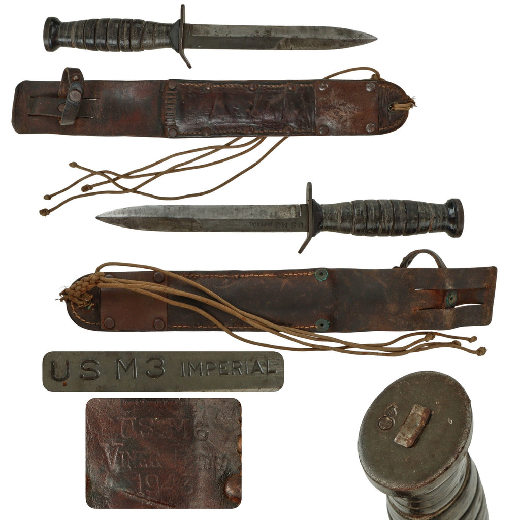 Original U.S. WWII M3 Blade-Marked Fighting Knife by Imperial with 1943-Dated M6 Leather Scabbard by Viner Bros Original Items
