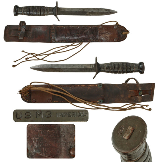Original U.S. WWII M3 Blade-Marked Fighting Knife by Imperial with 1943-Dated M6 Leather Scabbard by Viner Bros Original Items