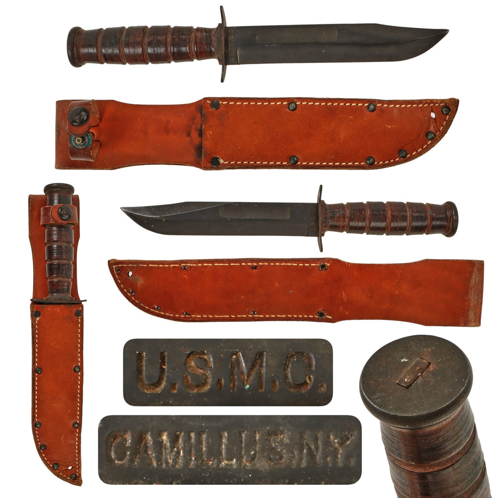 Original U.S. WWII USMC Early Blade-Marked Mark 2 KA-BAR Fighting Knife by CAMILLUS in Leather Sheath Original Items