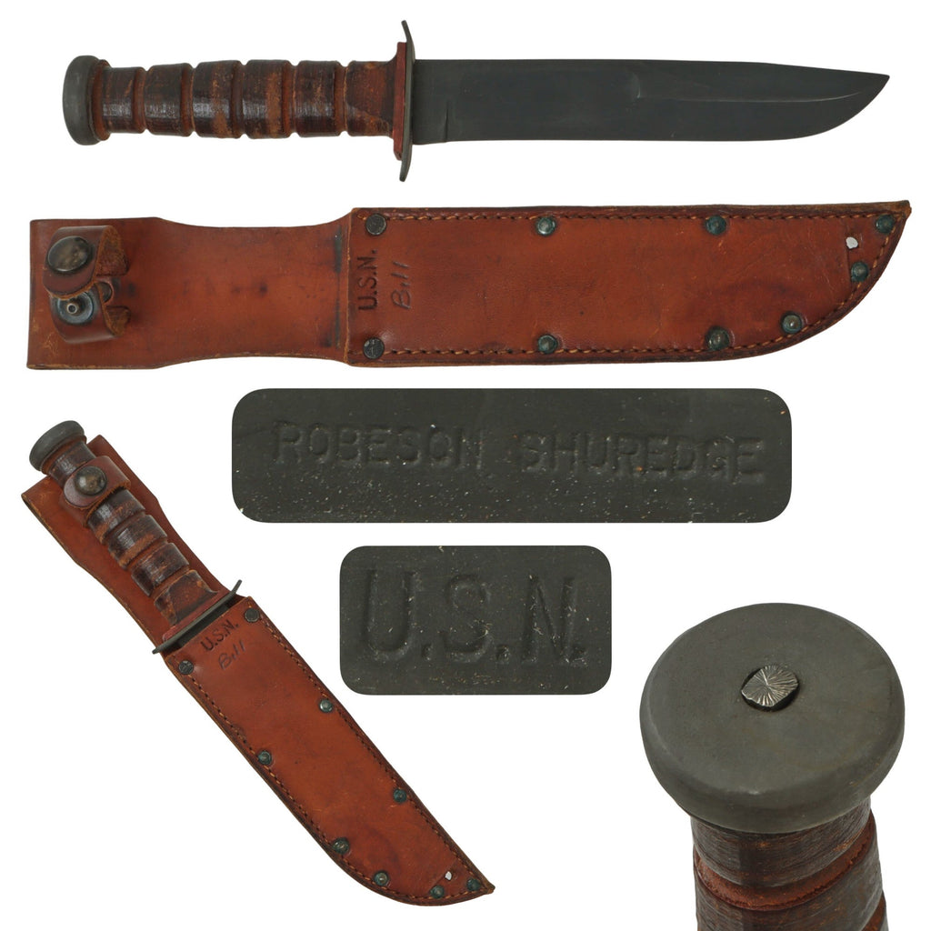 Original U.S. WWII USN Red Spacer Mark 2 KA-BAR Fighting Knife by Robeson Cutlery with USN Leather Sheath - Excellent Original Items