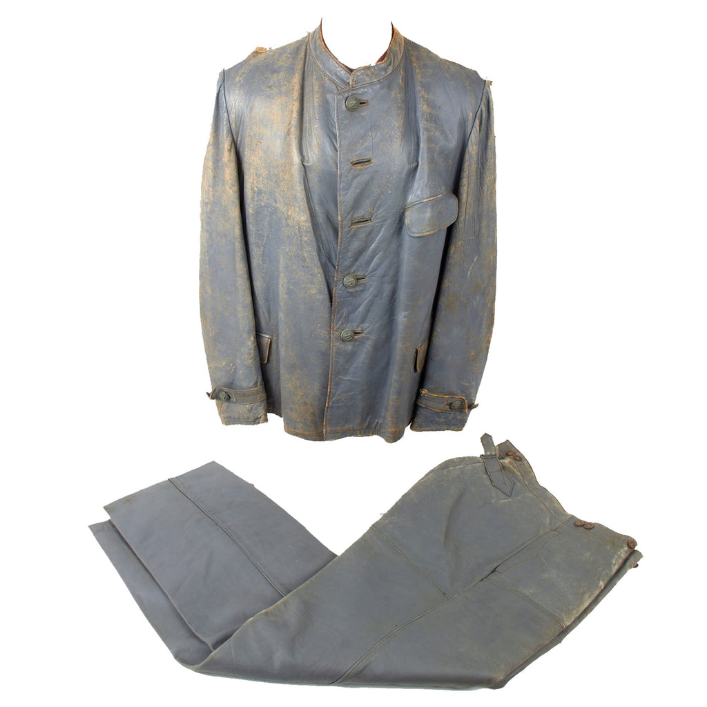 Original German WWII Kriegsmarine U-Boat Blue Grey Leather Jacket and Trouser Set Original Items