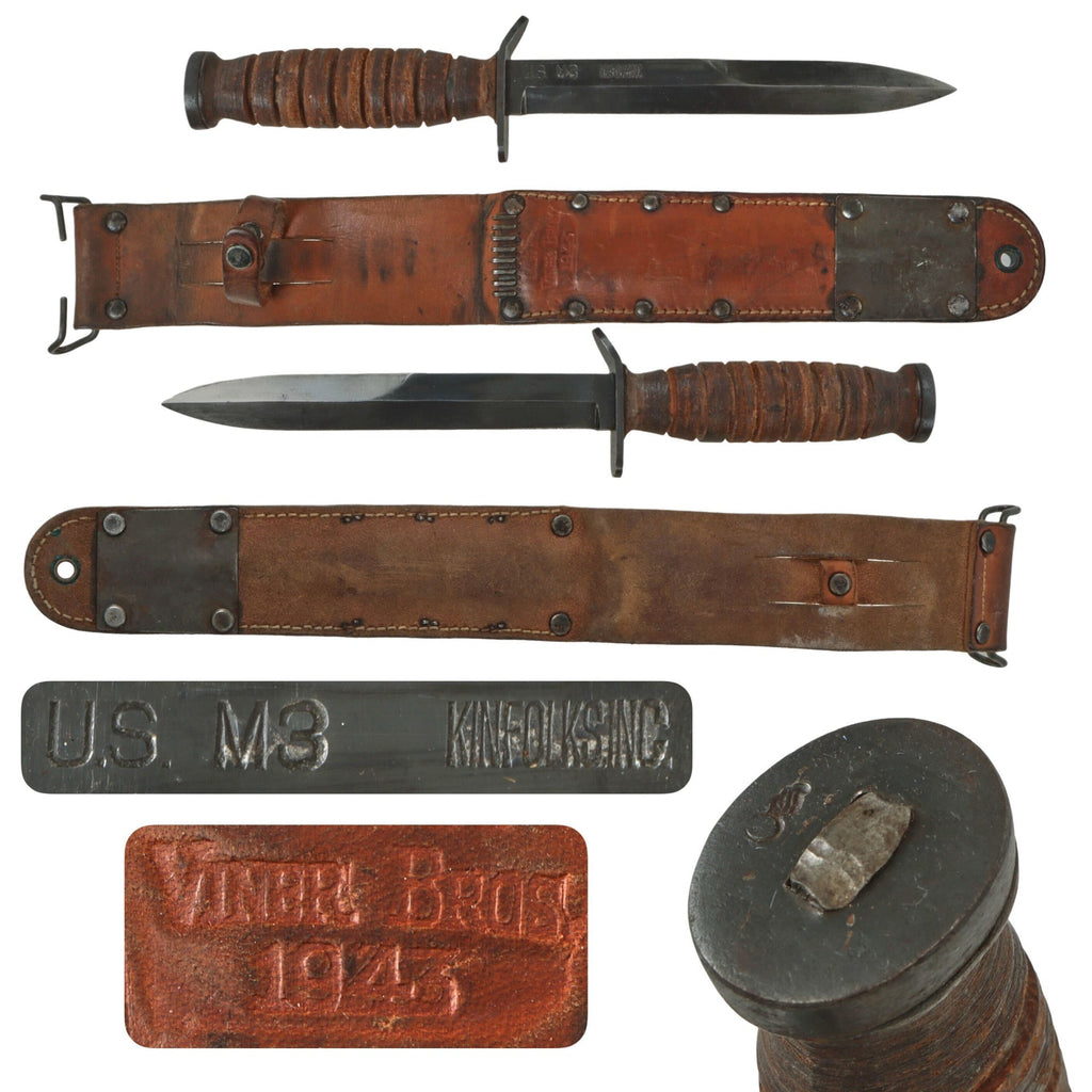 Original U.S. WWII Excellent Condition Blade Marked M3 Fighting Knife by Kinfolks, Inc. with 1943 Dated M6 Scabbard by Viner Bros Original Items
