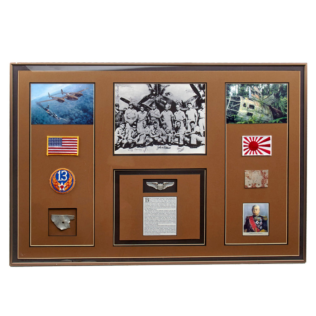 Original Japanese WWII Framed Mitsubishi G4M Betty Hull Fragment from U.S. Operation Vengeance with Signed Photo of Participants & Fragment from Their Plane - Admiral Yamamoto - 22 ½ x 32 ¼” Original Items