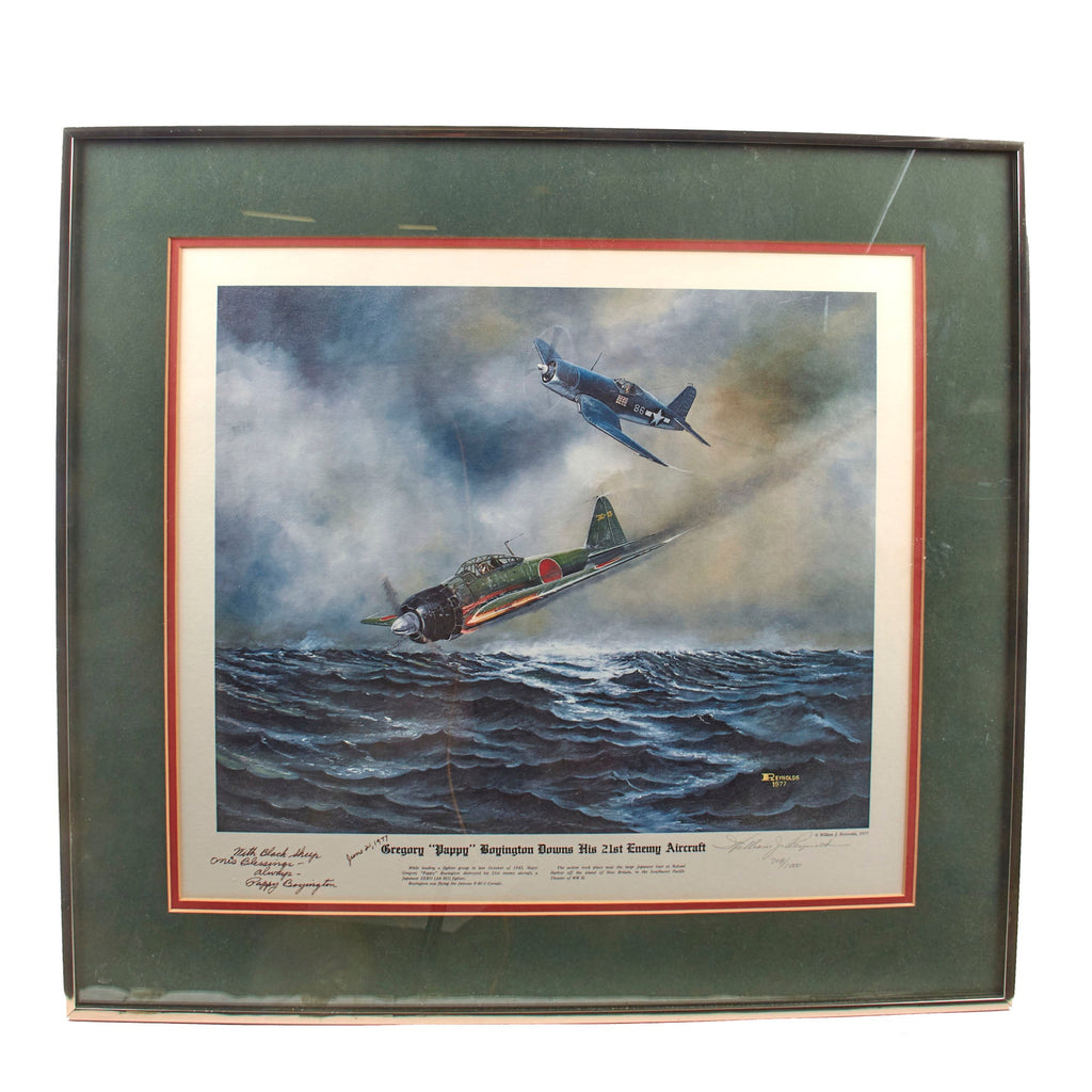 Original Signed Limited Edition Print: Framed “Gregory Pappy Boyington Downs His 21st Enemy Aircraft” by William Reynolds Signed by Boyington in 1977 - 748/1000 - 23¼ x 25½” Original Items