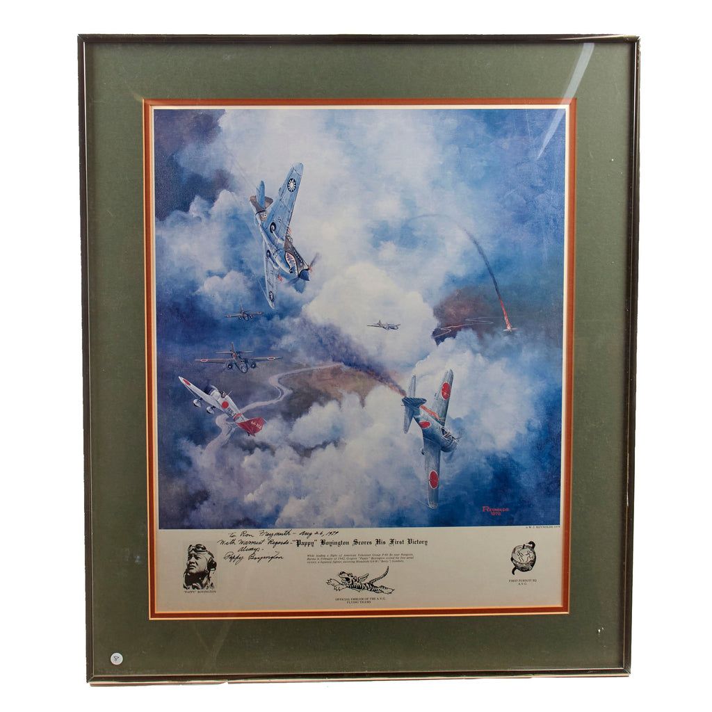 Original Signed Limited Edition Print: Framed “Pappy Boyington Scores His First Victory” by William Reynolds Signed & Presented by Boyington to Ron Fraymuth in 1979 - 23¼ x 27¼” Original Items