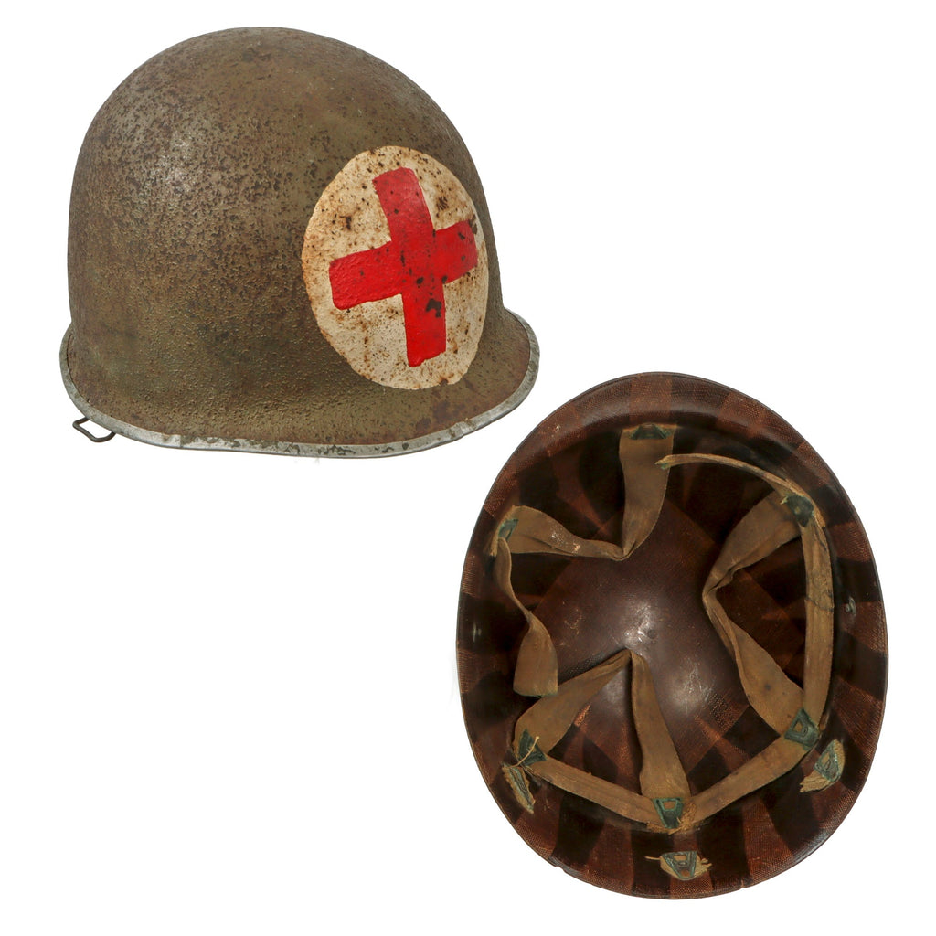 Original U.S. WWII Front Seam Swivel Bale M1 Helmet with Westinghouse Liner - Post-War 1 Panel Medic Paint Original Items