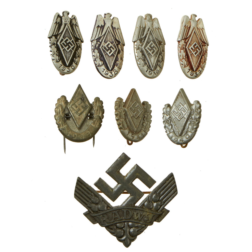 Original German WWII USGI Bring Back HJ National Youth Association Tinnie Grouping with RADwJ Badge - 8 Items Original Items