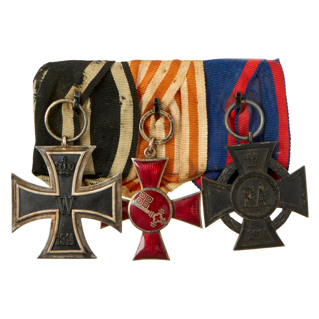 Original Imperial German WWI Era Medal Bar with 1914 EKII, Bremen Hanseatic Cross, & Friedrich-August Cross - 3 Awards Original Items