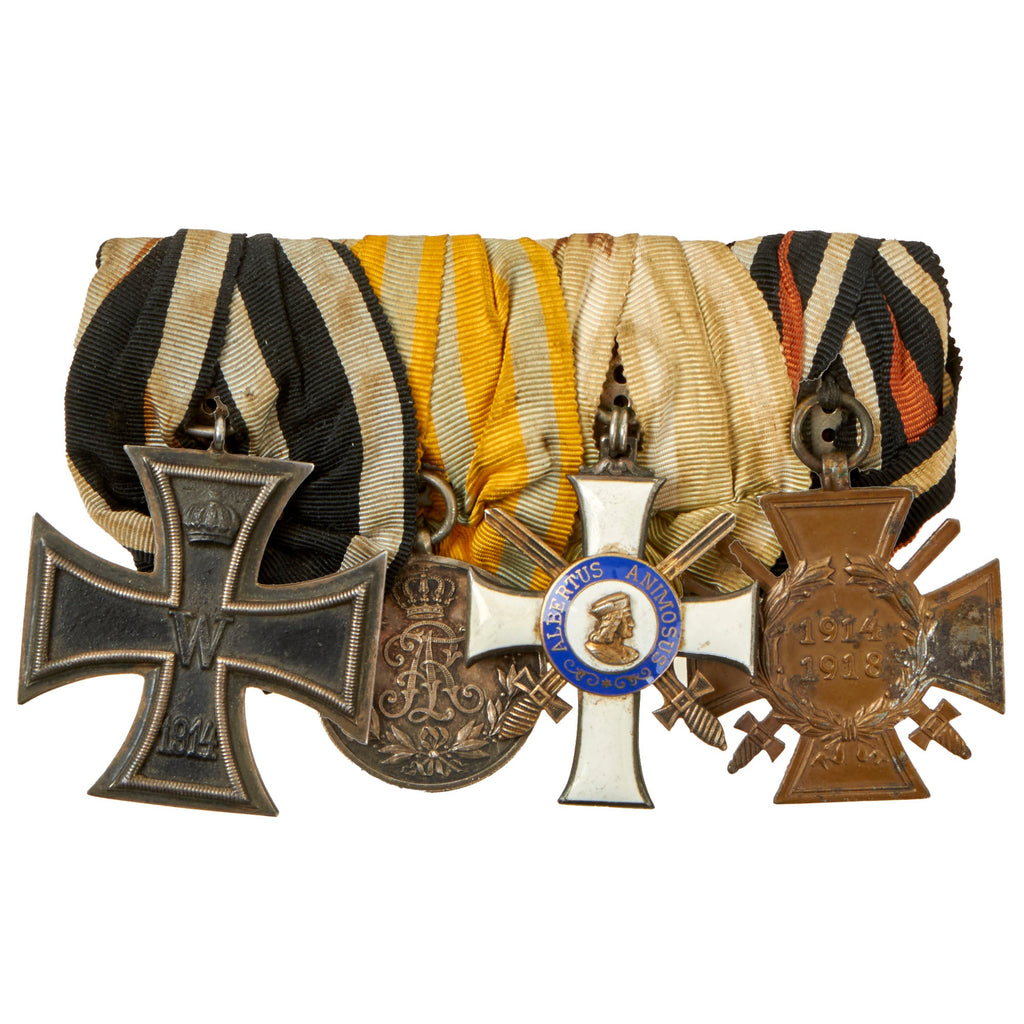 Original Imperial German Saxony WWI Era Medal Bar with EKII, Kingdom of Saxony Friedrich August Medal, & Albertus Animosus Silver Cross - DRGM Marked Mount Original Items
