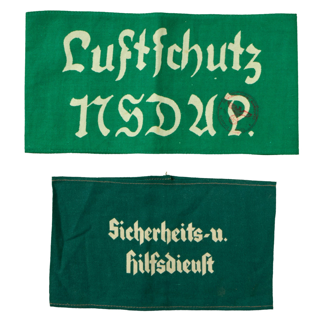 Original German WWII Luftschutz NSDAP and Green Sicherheits und Hilfsdienst (SHD) Armband Set Original Items