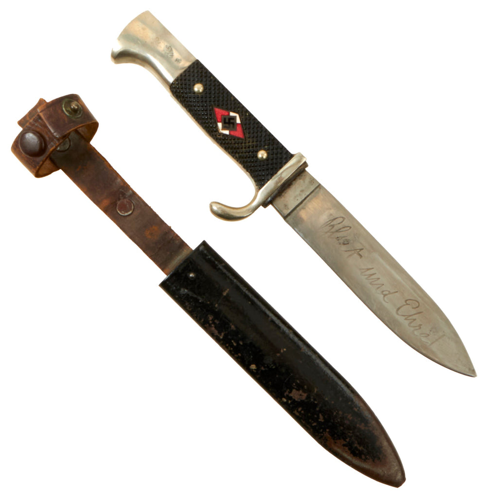 Original German WWII 1937 Dated Transitional HJ Knife with Motto by Anton Wingen Jr. with Scabbard - RZM M7/51 Original Items