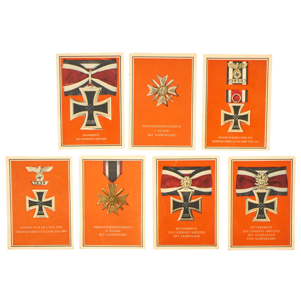Original German WWII Set of Seven Combat Award Postcards - War Merit Cross, Iron Cross, Knight's Cross, and More Original Items
