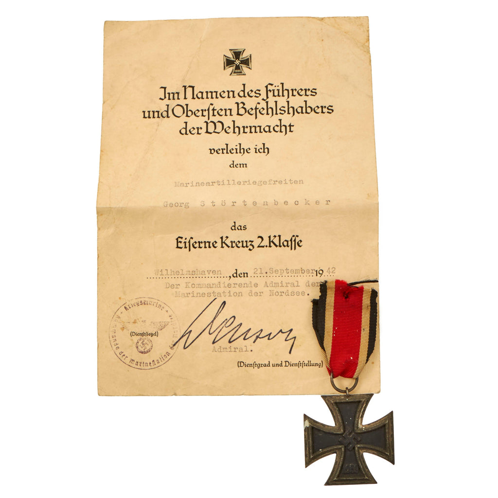 Original German WWII Iron Cross 2nd Class 1939 EKII with Named Award Document - Kriegsmarine Coastal Artillery North Sea Region Original Items
