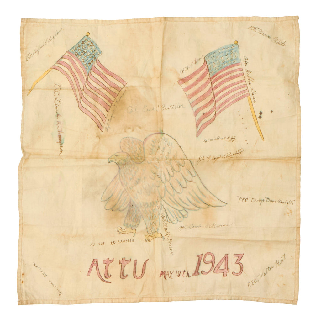 Original U.S. WWII Battle of Attu Operation Landcrab Handkerchief Signed by 15 Members of 4th Infantry Regiment - Dated May 18th, 1943 Original Items
