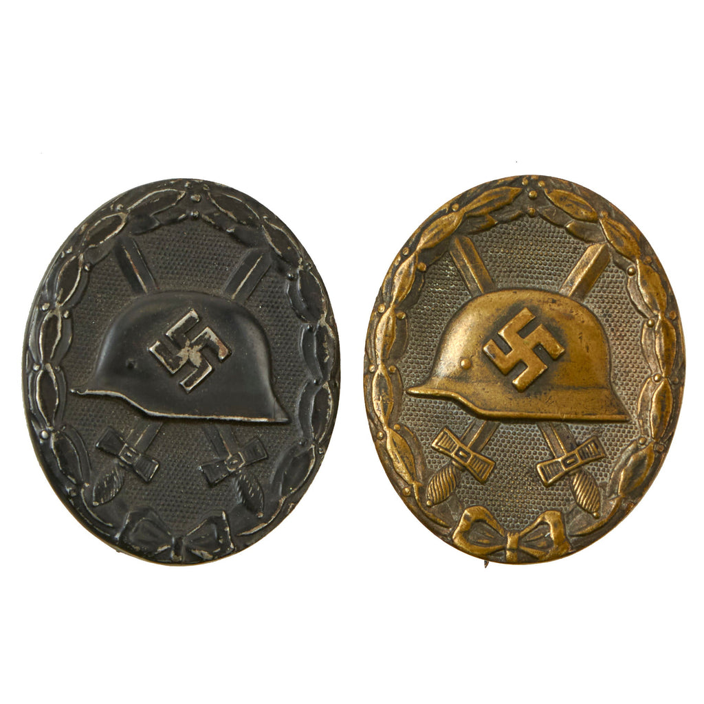 Original German WWII Set of Two Wound Badges - Early Brass 2nd Class in Silver and Steel 3rd Class in Black Original Items