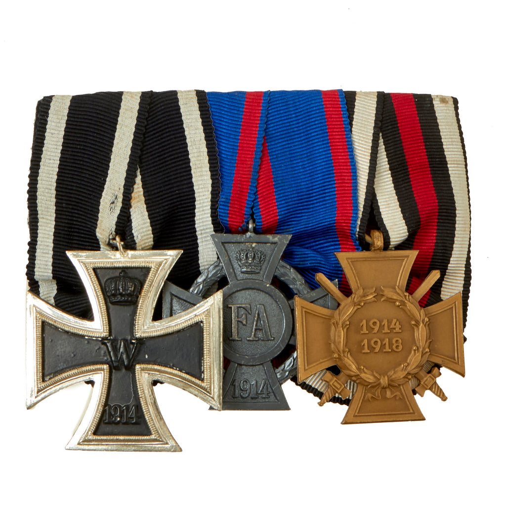 Original Imperial German WWI Era Medal Bar with 1914 EKII, Friedrich-August Cross, & Hindenburg Cross with Swords - 3 Awards Original Items