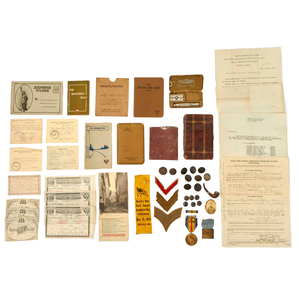 Original U.S. WWI Army Service Corps Victory Medal & Ephemera Grouping - Corporal Russel V. Boos - Scarce ASC Collar Disc Original Items