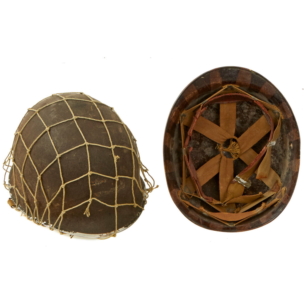 Original U.S. WWII Named M1 Front Seam Swivel Bale Helmet with Westinghouse Liner & Helmet Net Original Items