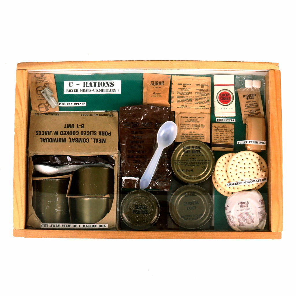 Original U.S. Vietnam War C-Ration Display Case with Cutaway of Box & Labels Original Items