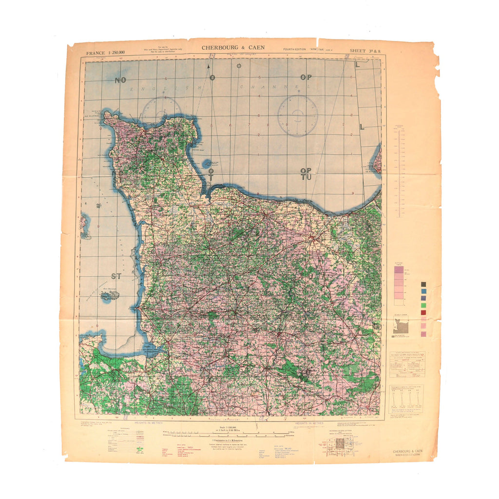 Original U.S. WWII D-Day Map of Normandy - Cherbourg and Caen France 1943 Original Items