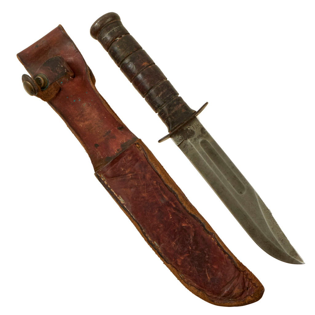 Original U.S. WWII USMC Mark 2 KA-BAR Fighting Knife With Leather Sheath - Marked with Laundry Number Original Items