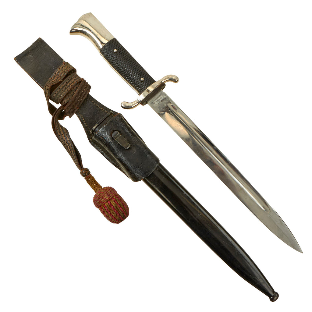 Original German WWII Fireman's Long Dress Bayonet by Hermann Schellhorn with Scabbard, Frog & Troddel Knot Original Items