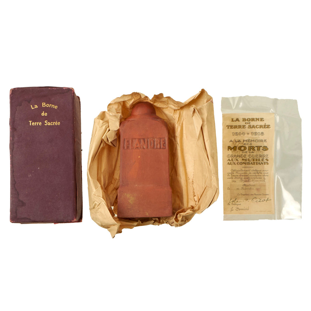 Original French WWI Clay Sacred Earth Marker with Dirt from Flanders in Original Box - Made in Paris Original Items