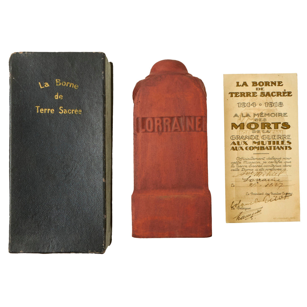 Original French WWI Clay Sacred Earth Marker with Dirt from Lorraine in Original Box - Made in Paris Original Items