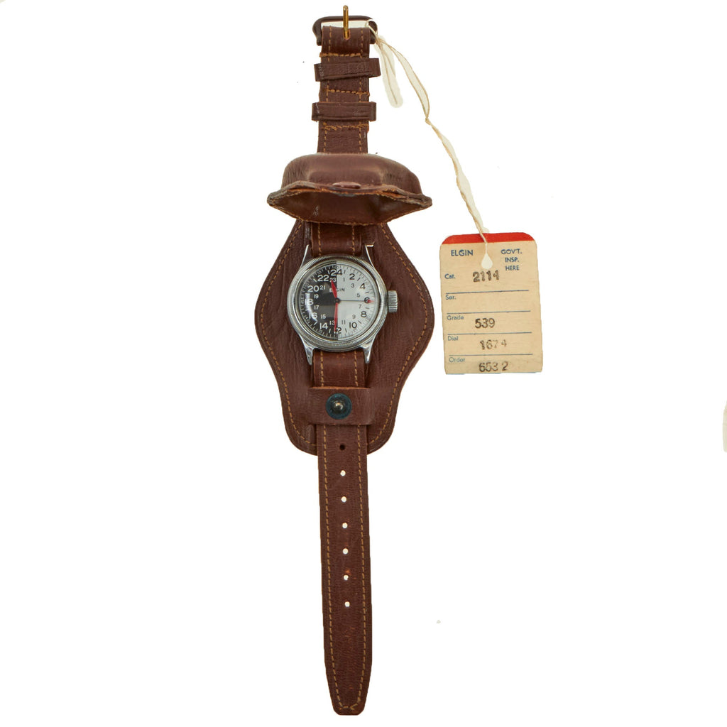Original U.S. WWII Fully Functional Type A-11 USAAF “Day/Night” 24 Hour Wrist Watch by Elgin With Original Leather Band With Cover - Serial # L98767 (1945) Original Items