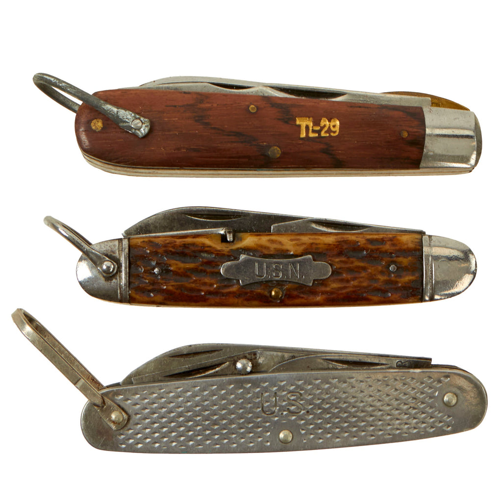 Original U.S. WWII to Vietnam War Era US Army & US Navy Pocket Knife Lot - 3 Items Original Items