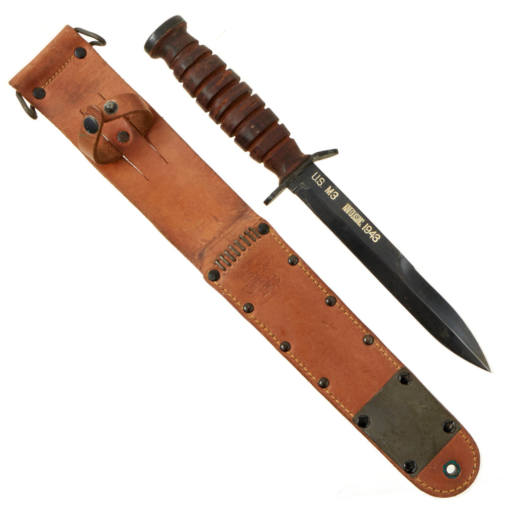 Original U.S. WWII Excellent Condition Blade Marked 1943 Dated M3 Fighting Knife by Kinfolks, Inc. with 1943 Dated M6 Scabbard by Viner Bros Original Items
