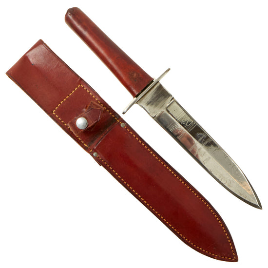 Original U.S. WWII Knife Crafters Broad Spear Point Fighting Knife Constructed From Imported British Pattern 1856 Band Sword by Robert Mole with Leather Sheath Original Items