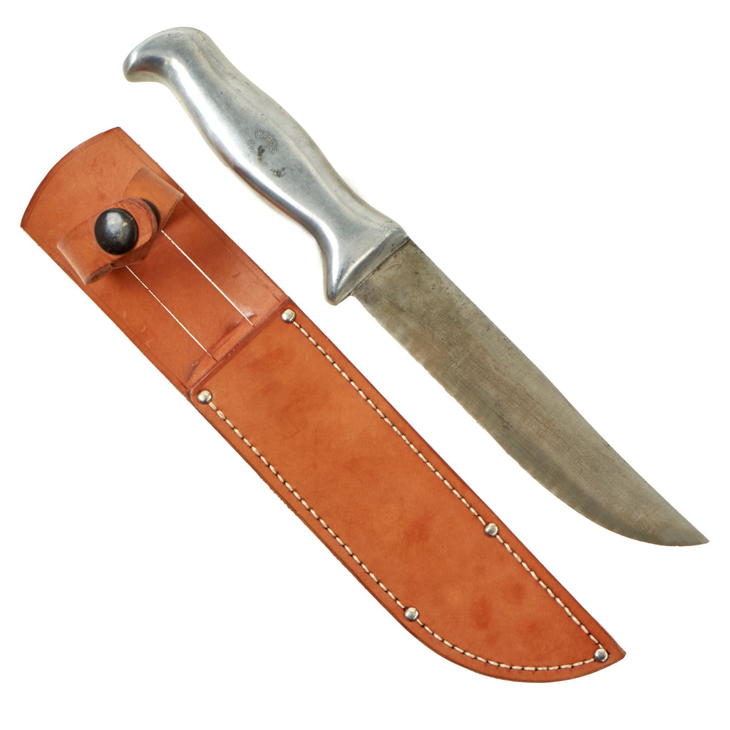 Original U.S. WWII Rare Cast Aluminum Handle Fighting Knife Constructed From Casket Parts by Donald Moore With Leather Sheath Original Items