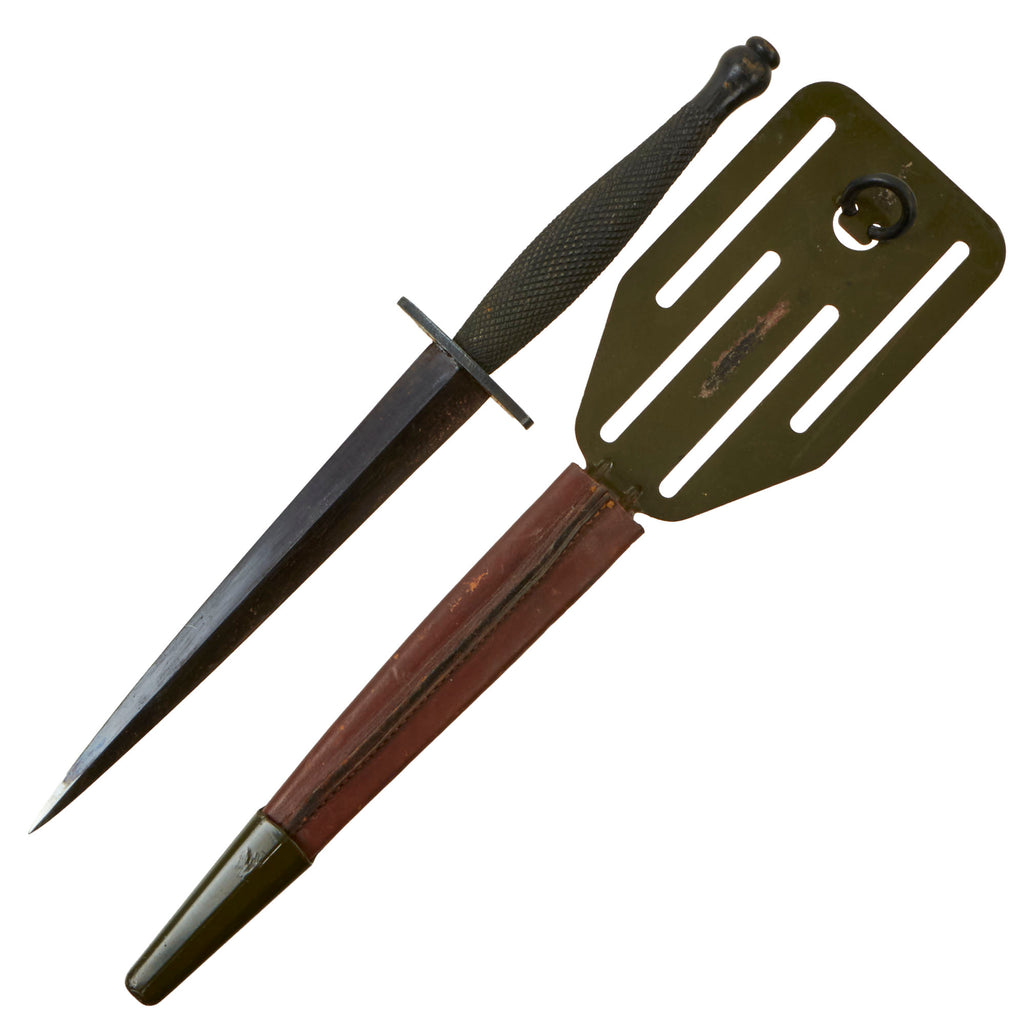 Original U.S. WWII OSS Stiletto by Landers, Frary, and Clark LF&C with Pancake Flipper Scabbard with Intact Grommet Original Items