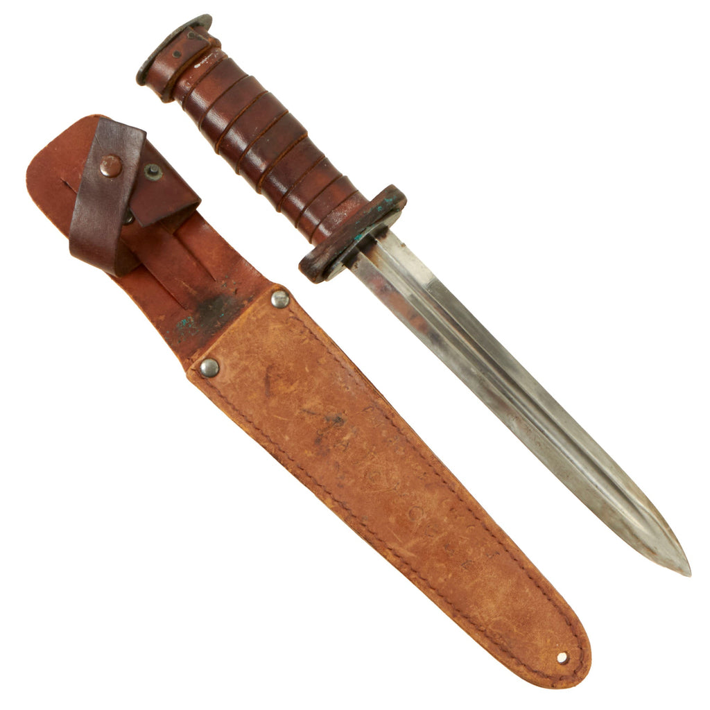 Original U.S. WWII Era “Theater Made” Cut-Down Model 1913 Cavalry “Patton” Saber Middle-Section Fighting Knife With Leather Sheath - Scabbard Marked “Patchogue, Long Island” Original Items