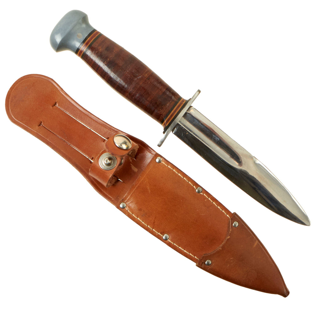 Original U.S. WWII Era Theater Made Fighting Knife Constructed From The Hilt of a USN Mk1 and Cut Down M1905 Bayonet Blade With Leather Scabbard - Scottish Dirk Style Original Items