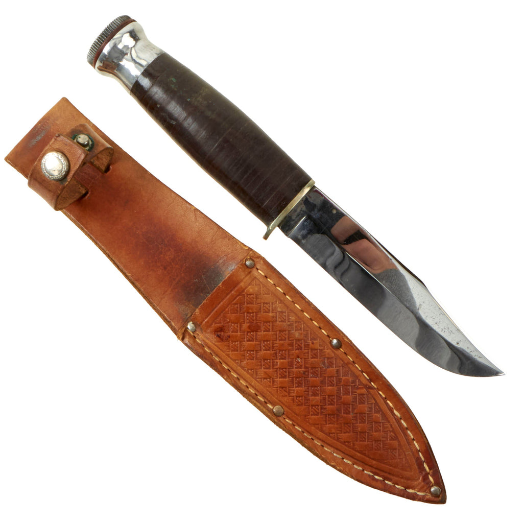 Original U.S. WWII Hollow Handle W.R. Case & Sons Survival Knife With Compass Pommel Cap, Matches and Leather Scabbard Original Items
