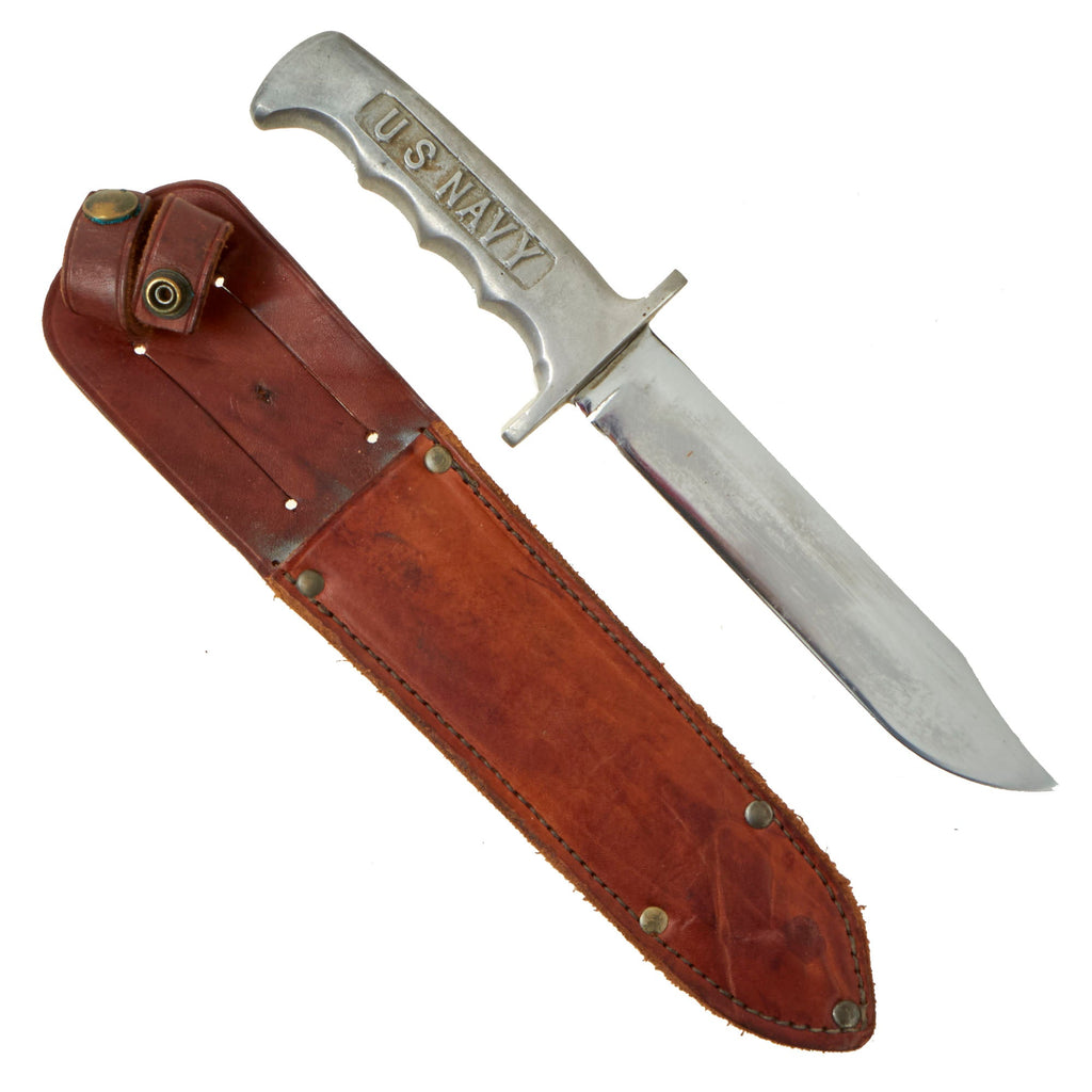 Original U.S. WWII Early War U.S. Navy Aluminum Hilt “Fighting Knife” With Leather Sheath by Grieshaber Manufacturing Company of Chicago, Illinois Original Items